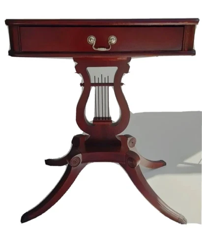 Antique Mahogany Lyre Harp Side or Occasional Foyer Table Brass Pull Claw Footed Cover