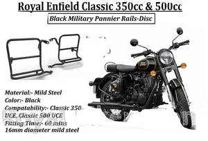 For Royal Enfield Classic 350cc & 500cc - "Black Military Pannier Rails-Disc" - Picture 1 of 9