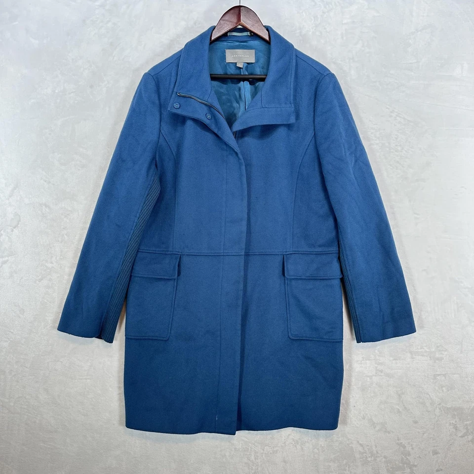 Ann Taylor Coat Womens XL Blue Wool Blend Zip Front Rib Panel Lined Pockets - Image 1 of 4