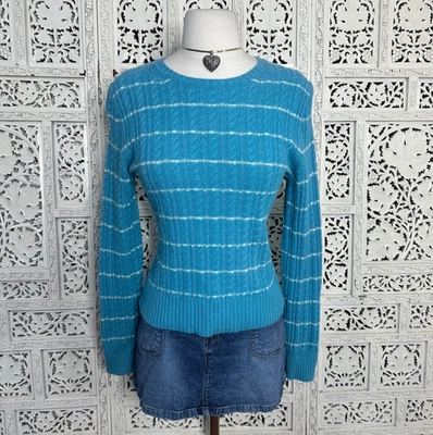 Suéter Express Lana Cachemira Mezcla Azul y Blanco Rayas Tejido con Cable Cuello Redondo Foto 1 de 4