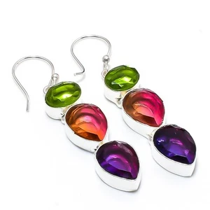 Bi-Color Tourmaline, Peridot Gemstone 925 Sterling Silver Jewelry Earring 2.36 " - Picture 1 of 5