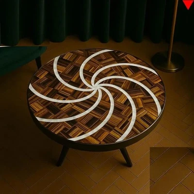 Mesa auxiliar redonda con incrustaciones de ojo de tigre y madreperla - Acento de piedras preciosas hecha a mano Foto 1 de 4