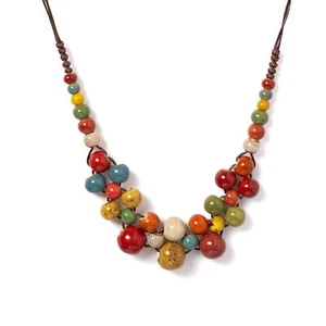 Colorful Handmade Ceramic Necklace- Boho Multilayer Adjustable Statement Jewelry - Picture 1 of 24