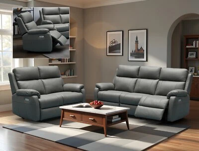 SC FURNITURE LTD DARK GREY Leather Electric 3 Seater or 2 Seat or Armchair Recliner Sofa ABERINO.