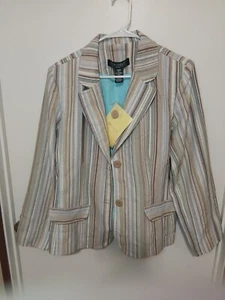 DIALOGUE QVC Womens Blazer Jacket Two Button Tan/Blue Lightweight Sz L NWT - Picture 1 of 4