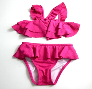 Janie Jack Girls 2T Swimsuit Pink Honeycomb Texture Ruffle Bikini EUC Free Ship - Picture 1 of 3