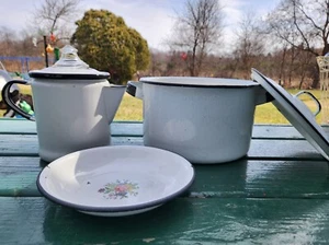 Vintage White Enamelware Kettle, Coffee Pot w/Glass Top w/lids & Flowery Bowl  - Picture 1 of 19