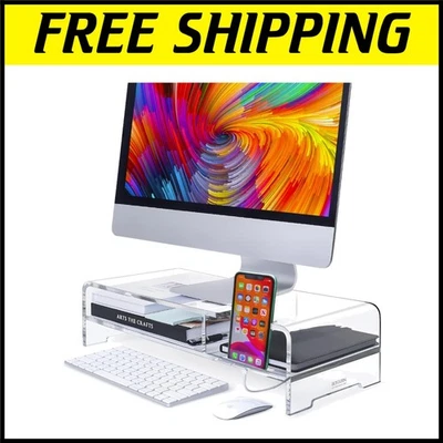 Clear Acrylic 2-Tier Monitor Stand - Versatile Desktop Organizer with Phone Slot - Image 1 of 4