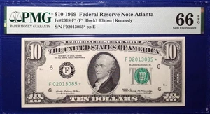 1969 $10 Federal Reserve Note Fr-2018-F* Atlanta PMG66 Gem EPQ - Picture 1 of 2