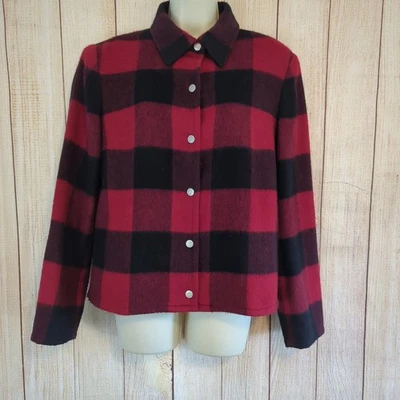 Vintage Evan-Picone Feminino Vermelho Preto Xadrez Mistura de Lã Snap Shacket Tamanho 8 - Imagem 1 de 4