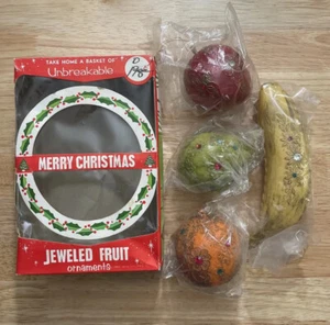 LOT 4 VINTAGE BEADED JEWELED FRUIT ORNAMENTS WITH BOX APPLE PEAR BANANA ORANGE - Picture 1 of 11