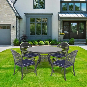 5Piece Cast Aluminum Patio Dining Set Outdoor Patio Set 48"Round Table Set Black - Picture 1 of 13