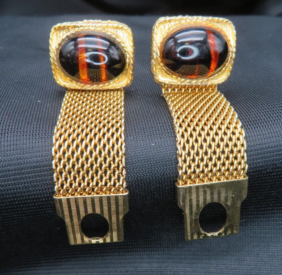 Gemelos envolventes de malla ovalada piedra ágata marrón dorado vintage espalda de bala Foto 1 de 4