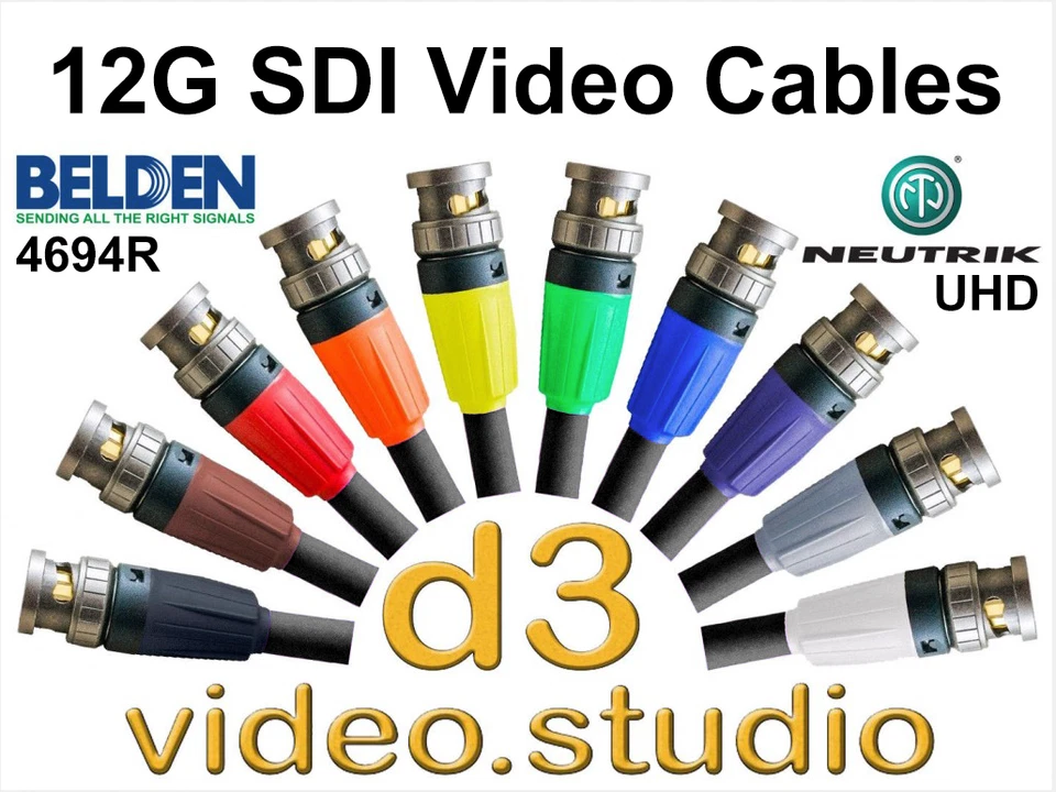 D3 VIDEO STUDIO Cable de video digital 12G UlHD 4K HD SDI con enchufes Belden 4694R y Neutrik UHD BNC