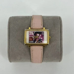 Elvis Presley 1992 USA Stamp Gold Tone Analog Watch Pink Leather Band Womens Vtg - Picture 1 of 11