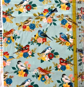 FQ  Various Exotic Images Birds Floral Quilting Blue Turquoise Cotton - Picture 1 of 2