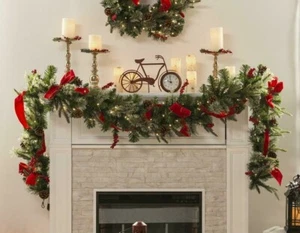 Pre Lit Green 9 Ft Christmas Garland with Ribbon Pine Cones Berries Clear Lights - Picture 1 of 6