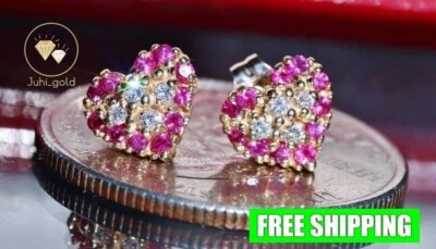 1.5CT Round Simulated Ruby & Diamond Heart  Stud Earrings 14K Yellow Gold Plated - Image 1 of 4