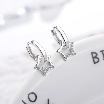 !!2024 NEW!!925 Sterling Silver Crystal Pave hollow out star Hoop Earrings GIFT - image 1 of 4