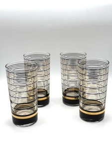 Vintage MCM 4er Set Culver Devon Schwarz Gold Retro Longdrinkgläser Barzubehör - Bild 1 von 8