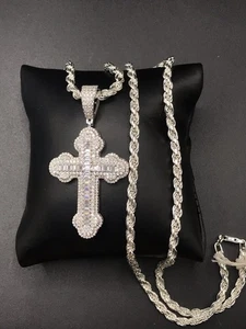 925 Sterling Silver 3.63CT Moissanite Cross Pendant Necklace Size 24” - Picture 1 of 20