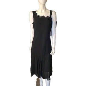 Y2K 90s Black Midi Chiffon Slip 12 Lace Assymetric Flounce Hem Goth Whimsigoth - Picture 1 of 22