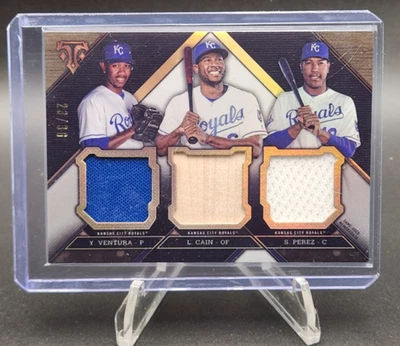 2016 Triple Threads Relic /36 Yordano VENTURA - Lorenzo CAIN - Salvador PEREZ - Image 1 of 2