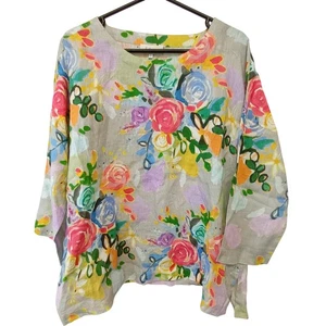 Sahara Floral 100% Linen Top Multicoloured Size M/L - Picture 1 of 7