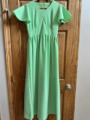 Maxi Vestido De Colección Años 70 60 Hecho a Mano Texturizado Verde Margarita Manga Acampanada Hippie Chic Foto 1 de 4