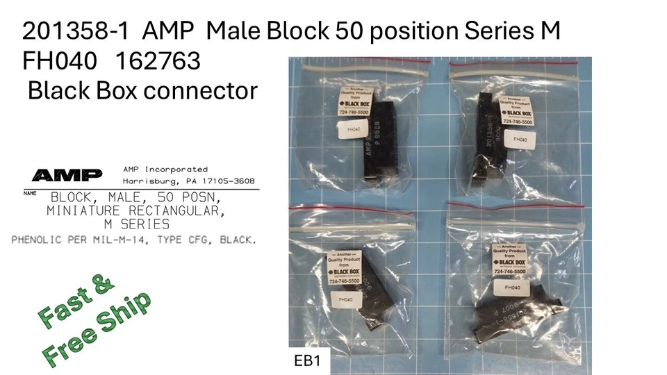201358-1  AMP  Male Block 50 position Series M   Free Ship - Image 1 of 4