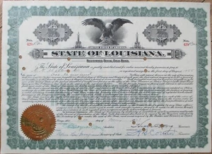 State of Louisiana 1931 Gold Bond Certificate, Governor Huey P Long Autograph LA - Picture 1 of 3