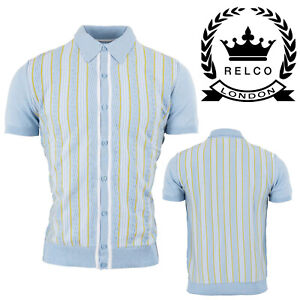 Męska koszulka polo Relco niebieska dzianinowa teksturowana z krótkim rękawem Rockabilly Mod
