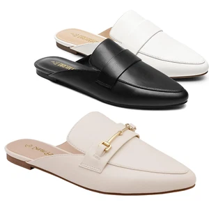 Women Fashion Flat Mules Buckle Pointed Toe Backless Slip on Slides Loafer Shoes - Picture 1 of 23