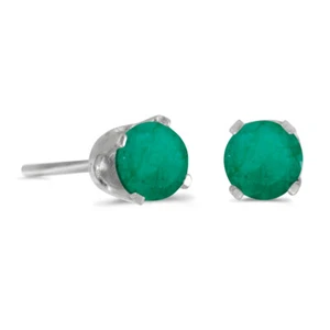 14k White Gold 4 mm Round Emerald Stud Earrings - Picture 1 of 3