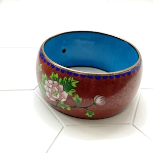 Chinese Cloisonné Enamel Bangle Bracelet Wide Flowers Bird Blue Pink Green 1970s - Picture 1 of 18