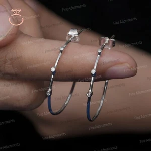 Conjunto de aretes tipo argolla de diamantes con bisel natural de oro blanco sólido de 14k joyas hechas a mano - Imagen 1 de 9