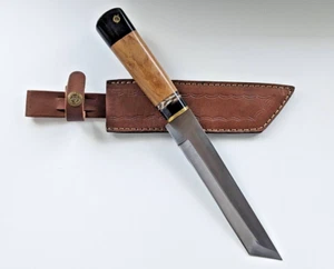Handmade Japanese Tanto Knife Stainless Steel Blade 12.4'' W Leather Sheath - Picture 1 of 12