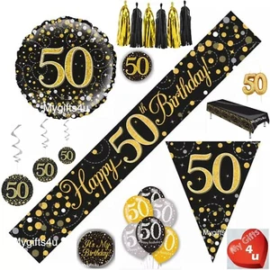 Black 50th & Happy Birthday Party Decorations Buntings Gold Banners Balloons Age - Picture 1 of 23
