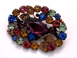 Antique Beautiful Gold Metal Rhinestone Diamante Crystal Oval Brooch 1900' - Picture 1 of 9