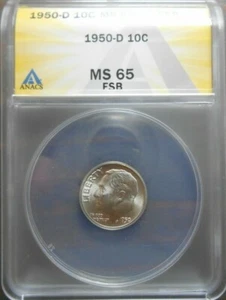 1950 D  Roosevelt Dime 10c ANACS  MS65 F.S.B. - Picture 1 of 6