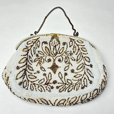 Винтажный ручной работы во Франции бисером вечерняя сумка белый и золотой цветочный клатч украшенный - Изображение 1 из 4