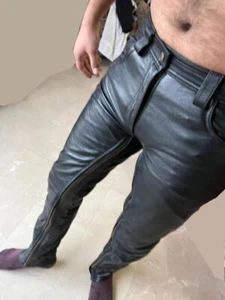 Men's Real Cow Leather Jeans With The Inseam Zip And Rear Zip Sexy Gay Jeans 501 - Picture 1 of 8