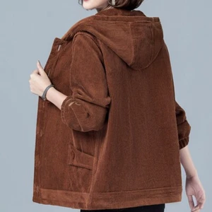 Women Corduroy Cardigan Hooded Coat Jacket Outerwear Top Loose Casual Warm - Picture 1 of 13