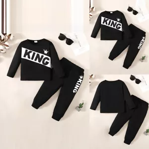 2PCS Baby Boys Pullover Long Sleeve Round Neck KING Printed Top Pants Set Winter - Picture 1 of 13