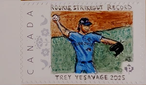 "TREY YESAVAGE, ROOKIE STRIKEOUT RECORD"OOAK ORIG HNDPNTED CANADA P STAMP  W/COA - Picture 1 of 1
