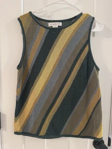 GREEN SLEEVELESS SWEATER- Boxy Asymmetrical Vest Knit Vintage 100% Cotton M/L - Picture 1 of 6
