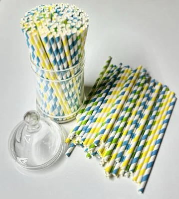 200 Pack -Striped Paper Drinking Straws 100% Biodegradable, Blue/green/yellow - Image 1 of 2