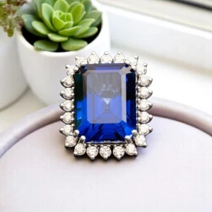 Anillo de diamantes naturales de zafiro azul talla esmeralda cultivado en laboratorio de oro blanco de 18,20 quilates de 18 quilates - Imagen 1 de 10