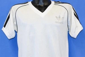 vtg 80s ADIDAS TREFOIL LOGO SOCCER V NECK JERSEY WHITE BLACK RAGLAN t-shirt M - Picture 1 of 5