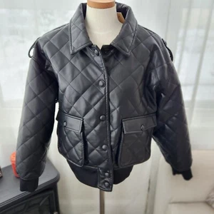 $248 REBECCA MINKOFF Black Diamond Quilted Faux Leather Bomber Jacket Size XL - Picture 1 of 9